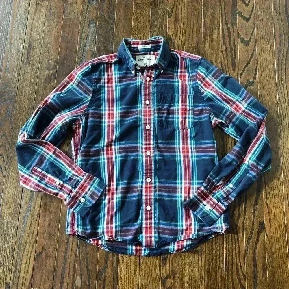 Abercrombie kids Boys XL Muscle-Fit Blue/Red/Green Plaid Button-Down - VGUC